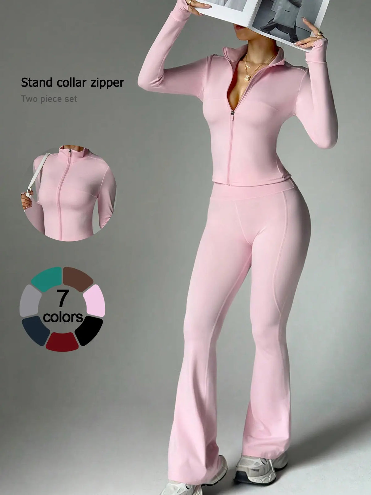 2 Piece Set Women'S Activewear Set, Full Zipper Stand Collar Long Sleeve Jacket with Thumbholes, High‑Waisted Flared Pants, Versatile New Sportswear for Yoga, Gym, Running and Daily Casual Wear