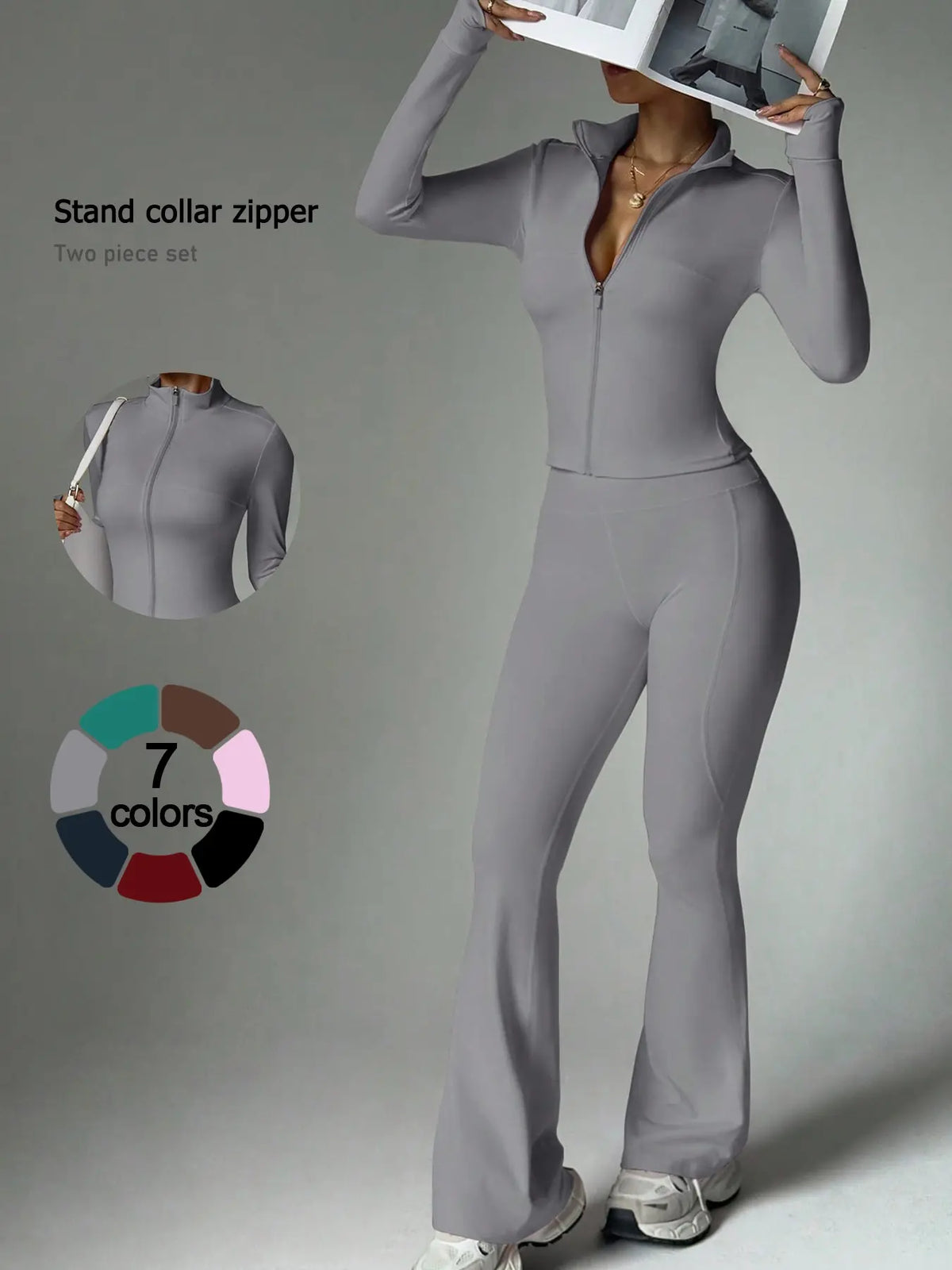 2 Piece Set Women'S Activewear Set, Full Zipper Stand Collar Long Sleeve Jacket with Thumbholes, High‑Waisted Flared Pants, Versatile New Sportswear for Yoga, Gym, Running and Daily Casual Wear