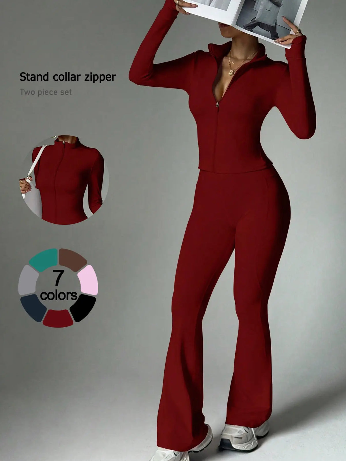 2 Piece Set Women'S Activewear Set, Full Zipper Stand Collar Long Sleeve Jacket with Thumbholes, High‑Waisted Flared Pants, Versatile New Sportswear for Yoga, Gym, Running and Daily Casual Wear