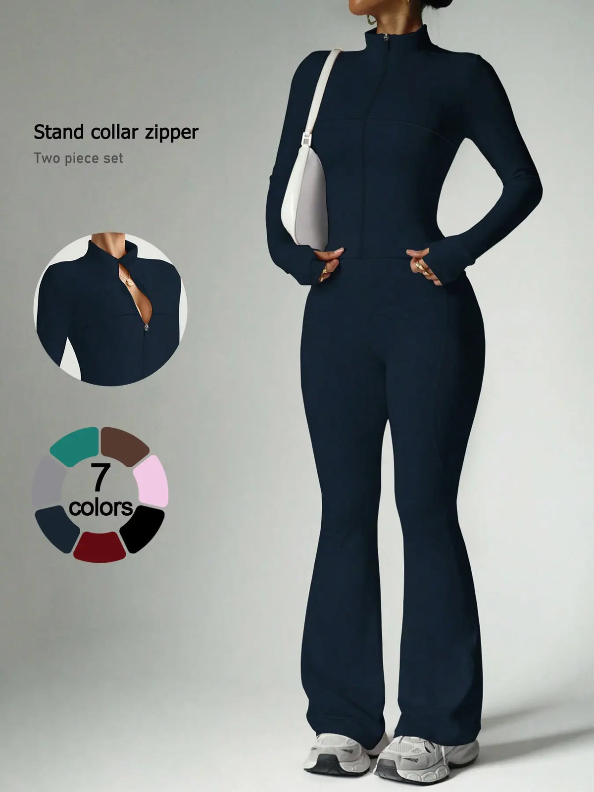 2 Piece Set Women'S Activewear Set, Full Zipper Stand Collar Long Sleeve Jacket with Thumbholes, High‑Waisted Flared Pants, Versatile New Sportswear for Yoga, Gym, Running and Daily Casual Wear